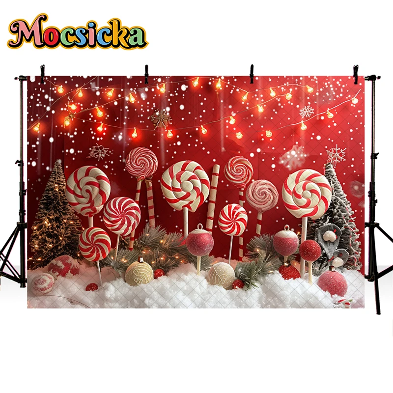 Mocsicka Winter Red Xmas Background For Child Adult Family Photography Candy Lollipop Snowflake Christmas Tree Decor Props