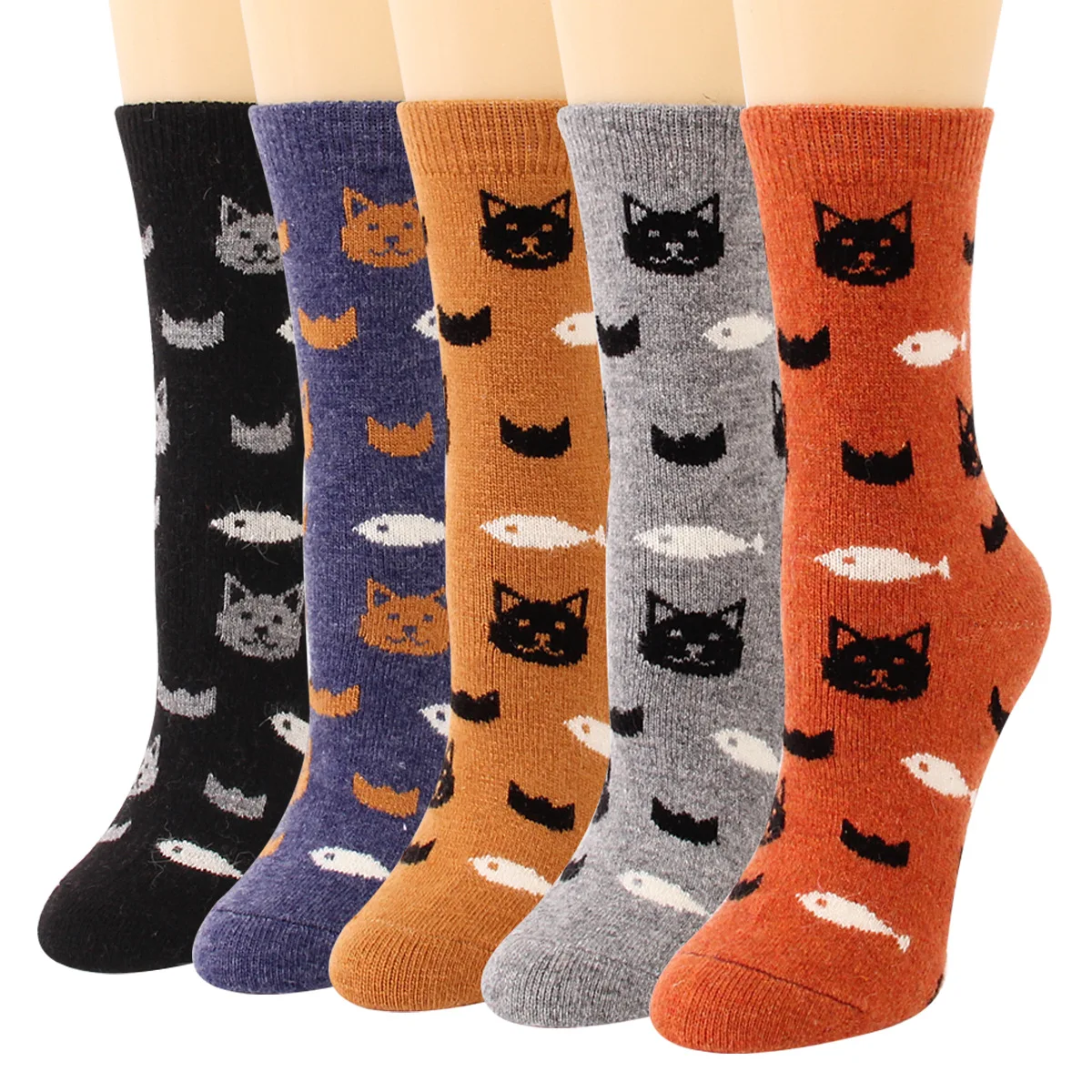 5 Pairs Winter Women Wool Socks Vintage Animal Cat Pattern Warm Socks Thick Cozy Knit Casual Mid Tube Boot Socks