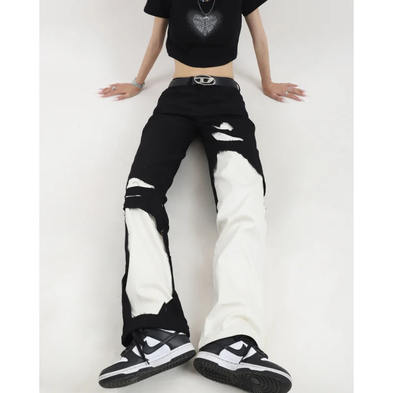 Black White High Waist Women Jeans Y2K American Vintage Fashion Streetwear Wide Leg Jean NEW Female Trouser Baggy Denim Pants