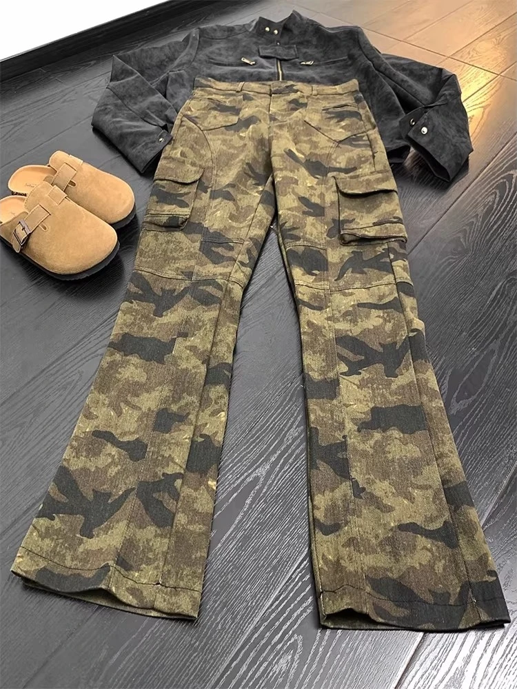 

American Sle Camouflage Wide Leg Men's Jeans Cleanfit Slim Straight Workwear Pants Spring High Street Vibe Youth Faion