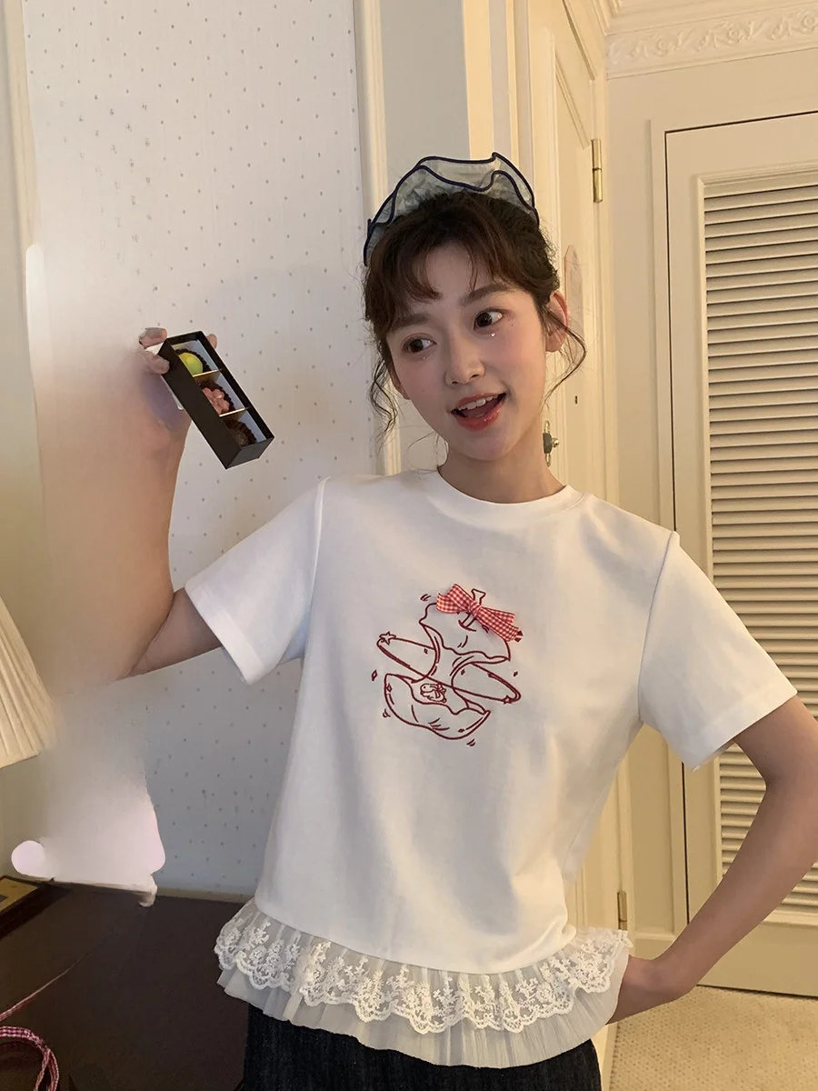 

Pl Embroidered ort Sve T-irt Women's Patchwork Hemline Casual Cotton Blend Summer Top Straight Cut Basic