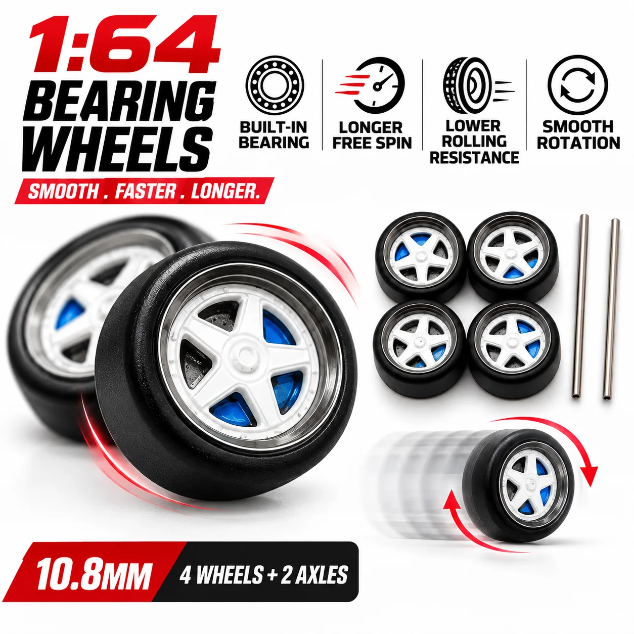 X-Scale 10.8mm 1:64 Scale Model Car Wheels White Five-Spoke Rims with Rubber Tires for 1/64 JDM Car Upgrade Refitting Parts