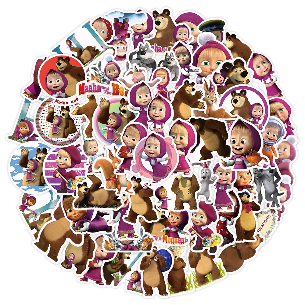 60pcs Cute Masha and The Bear Cartoon Graffiti Sticker Aesthetic Graffiti Decals For Kids Laptop Luggage Scrapbook Diary Sticker