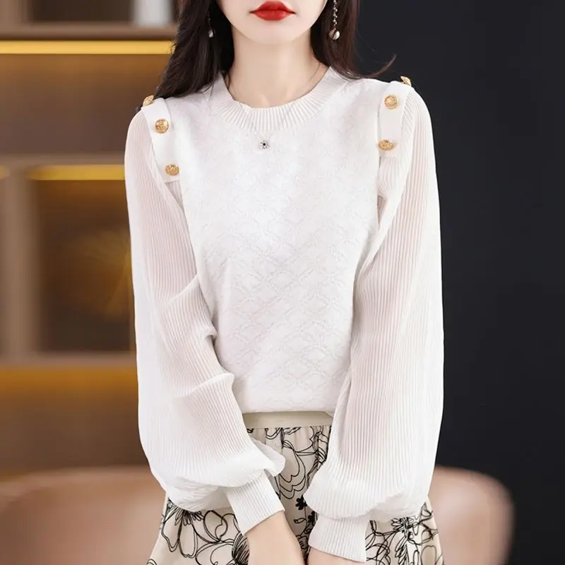 Women Pleated Buttons Black White Elegant Knitwears Spring Autumn Fashion Solid Long Sleeve Loose Blouses Casual Chic Sweet Tops