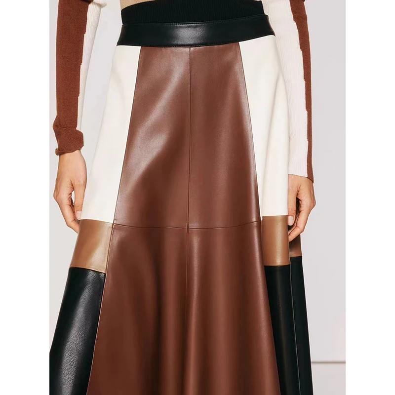 Vintage Patchwork Genuine Leather Skirt Women Sheepskin High Waist Pocket Flowy Swing Long Skirts Autumn Winter Streetwear Party