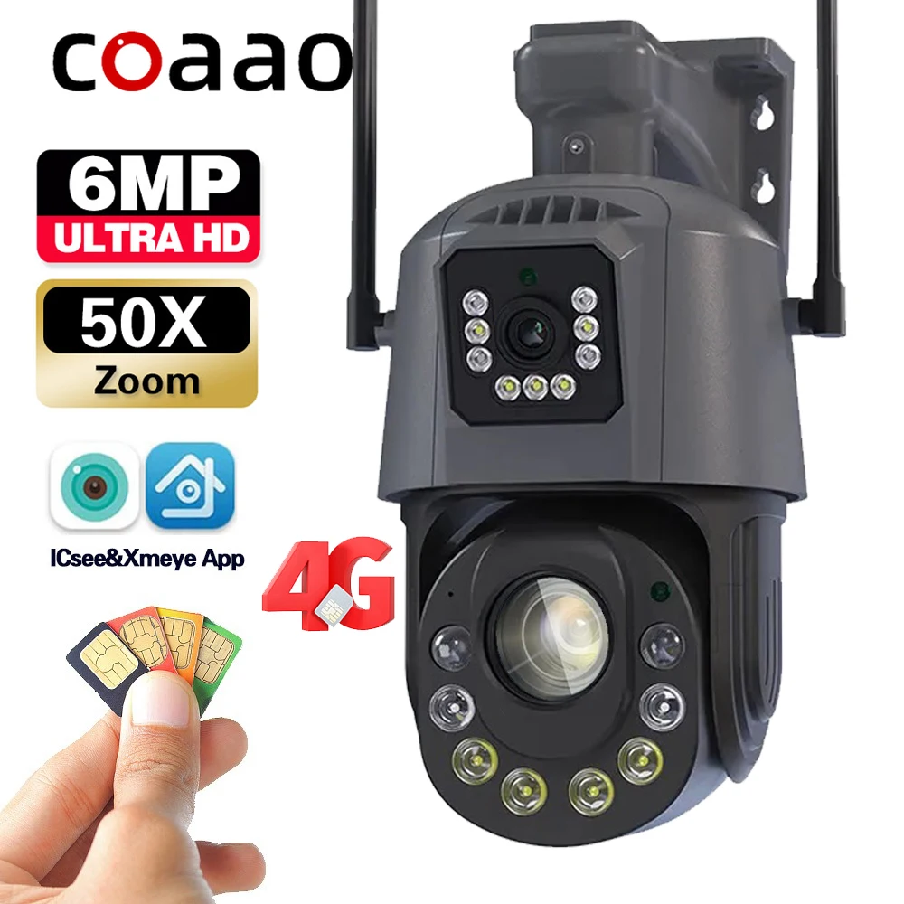 

4K Dual Lens Surveillance Camera 4G SIM 6MP WiFi Metal Housing Dual Lens 50X Zoom Onvif PTZ Safety Protection Outdoor IP CCTV