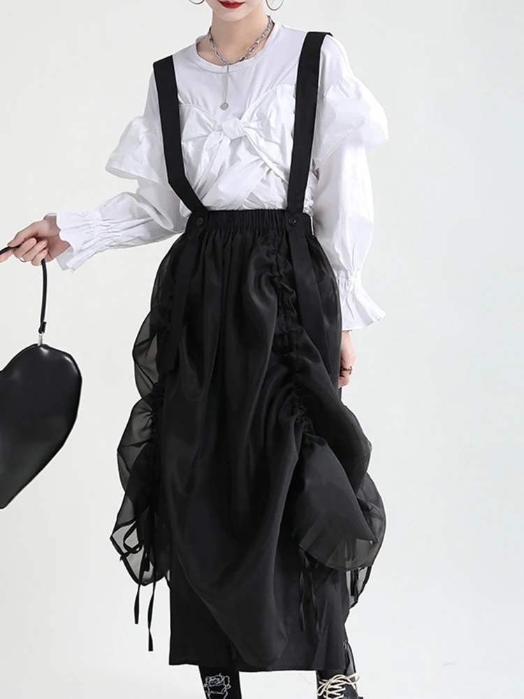 [EAM] High Waist Black Drawstring Irregular Long Strap Half-body Skirt Women Fashion Tide New Spring Autumn 2024 1DE2821