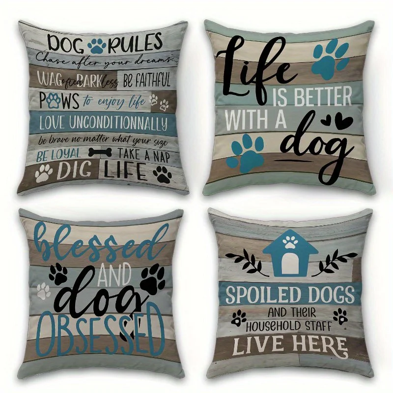 Set of 4 Dog Quote Throw Pillow Covers Cute Pet Gift for Dog Mom Dad Home Decor Cushion Cases Rustic Style