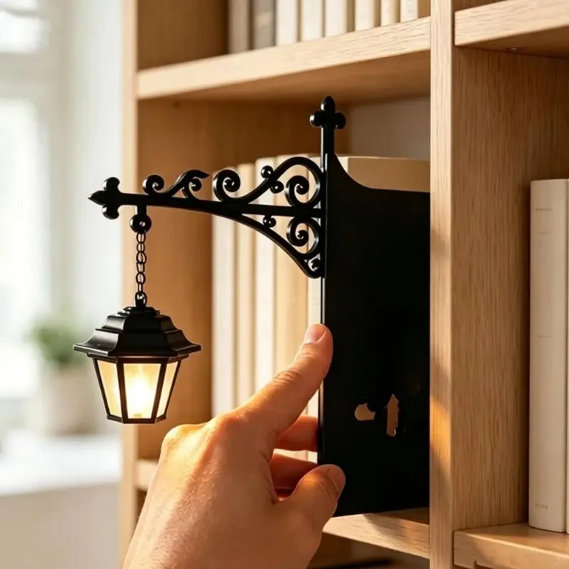 Bookshelf Lamp Night Light, Vintage Black Metal Hanging Lantern, Warm Accent for Bedroom Study Reading Nook Halloween Decor