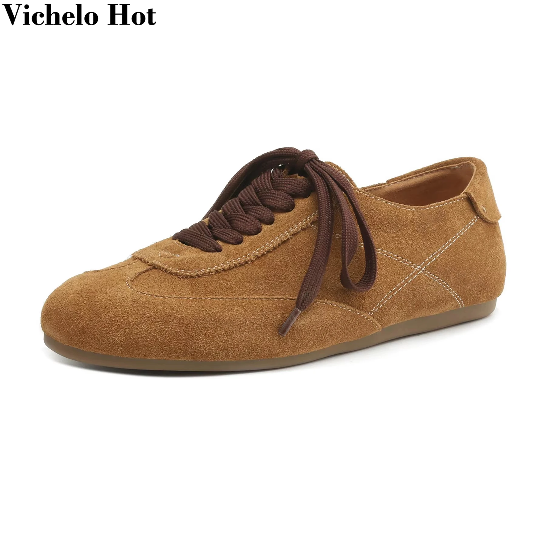 

Vichelo, хит продаж, большие размеры, коровья замша, весенняя повседневная обувь с круглым носком, лоферы для отпуска, шнуровка, шитье в стиле ретро, современные женские туфли на плоской подошве