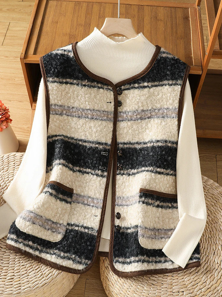 Retro Color Block Lamb Fur Vest Women's Autumn Layering round Neck Sleeveless Open Cardigan Top Fashion Versatile Girl's Style