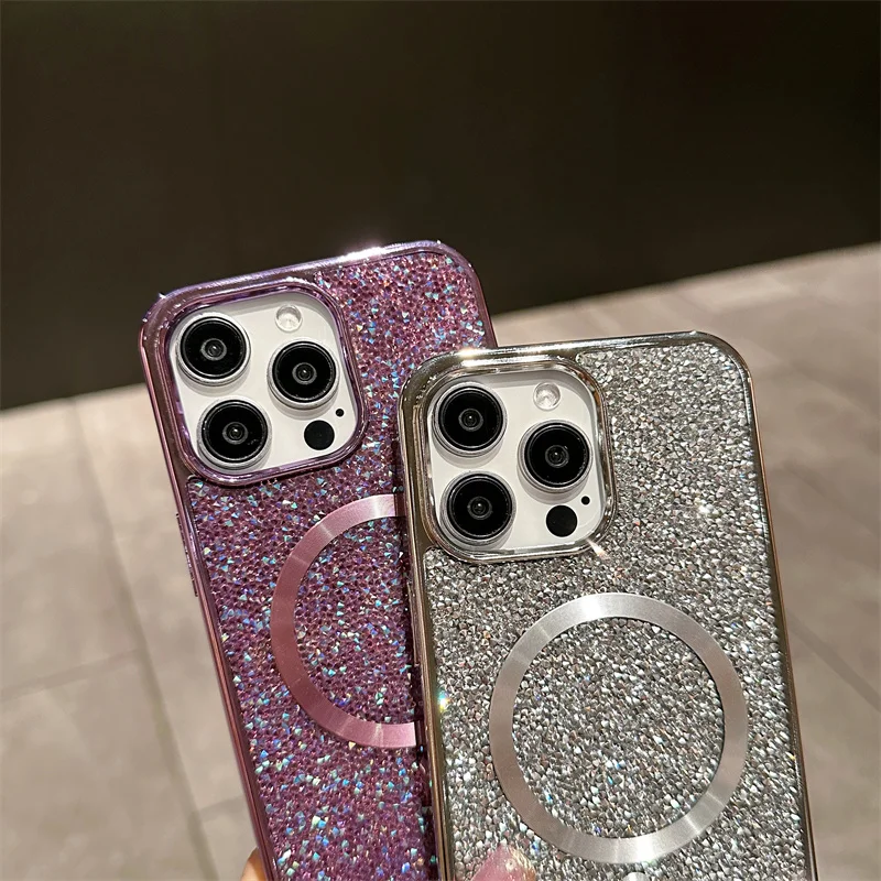 Funda de teléfono de diamante Flash de lujo para iPhone 15, 14, 13, 12, 11 Pro Max Plus, carga inalámbrica magnética, cubierta trasera a prueba de golpes