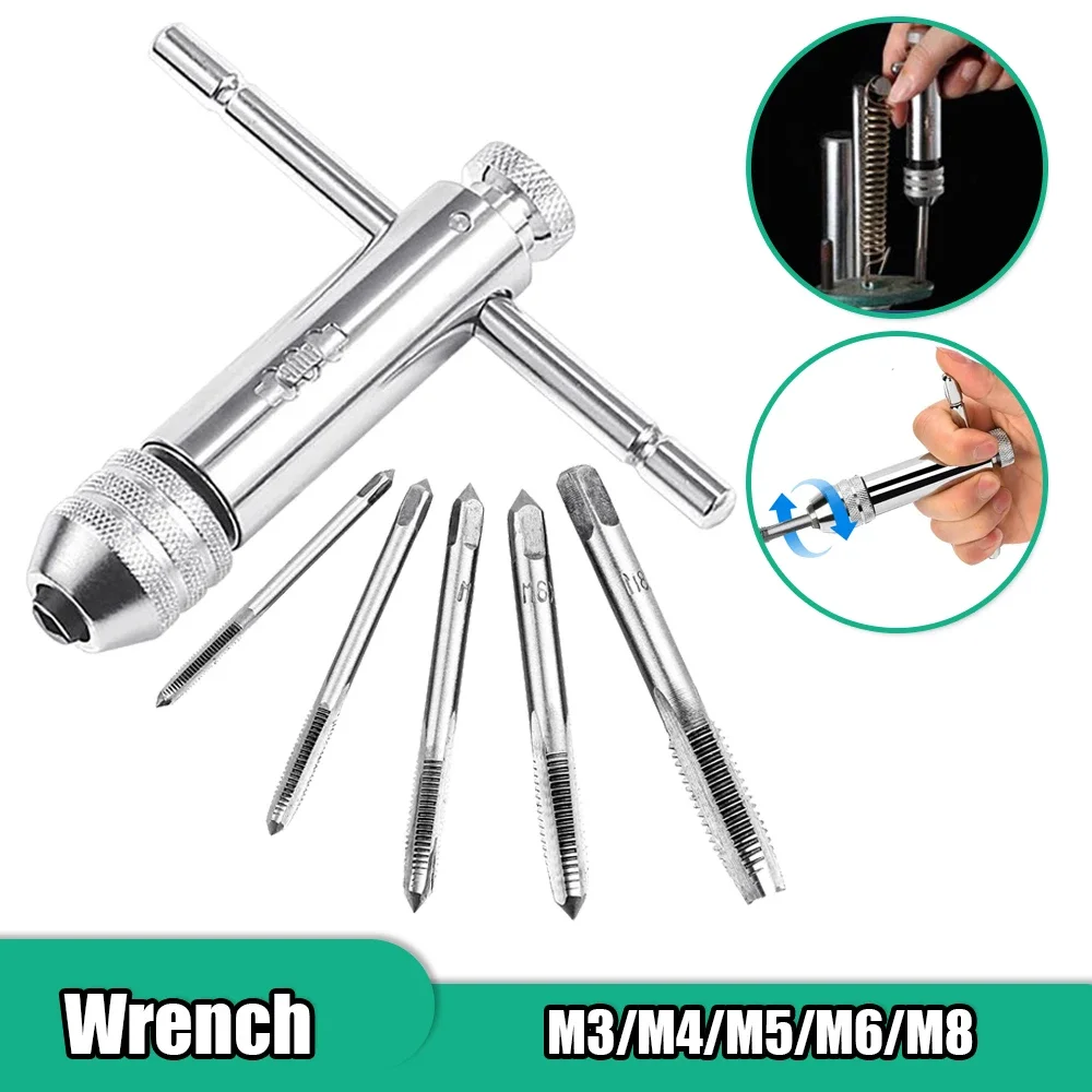 Silver Adjustable Ratchet Tap T-Handle Chuck Wrench with M3 M8 Machine Thread Metric Tap T-Tap Ratchet Wrench Set