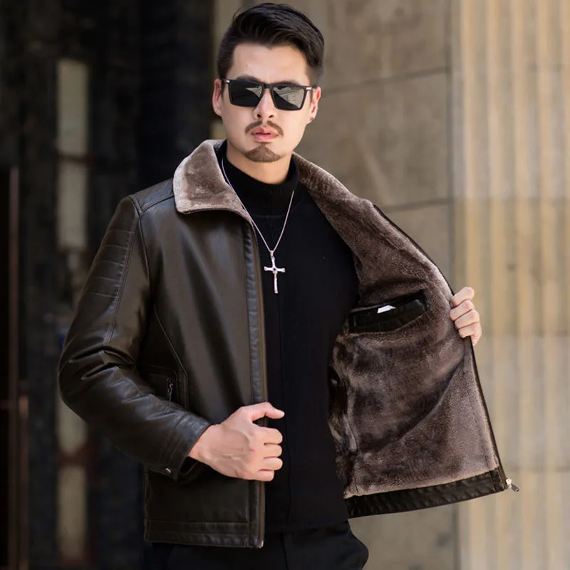 2023 Winter New Middle-Aged Men Leather Coat Men Fleece Lined Padded Warm Solid Color Leather Jacket Casual Versatile Outerwear