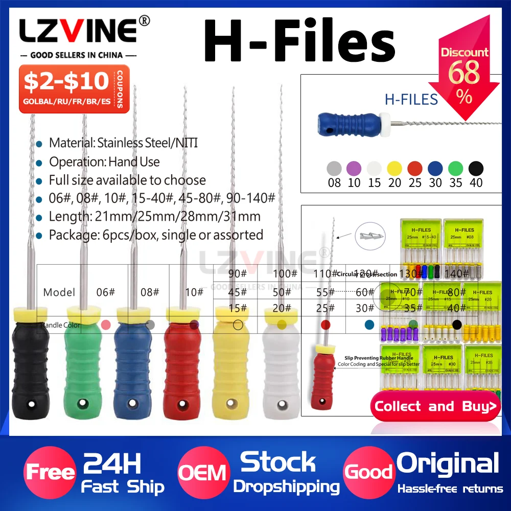 

Stainless Steel 6Pcs/Pack h Files Dental Endo Instruments 21mm/25mm Denspay Hand Use Dental Root Canal K R SP C+ Treatment Tools