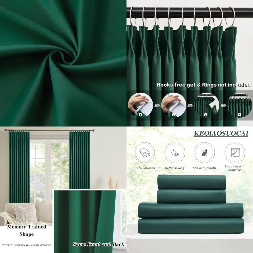 

Thermal Insulated 40x92 Inch Dark Green Pinch Pleat Curtains with Hooks, 2-Panel Set for Living Room