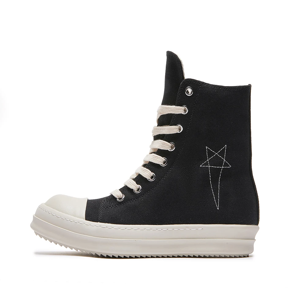 High Top Quality Black Canvas Shoes Designer RO Men Shoes Roman Pentagram Thick-sole Zip Flat Luxury Women Lace Up Sneakers