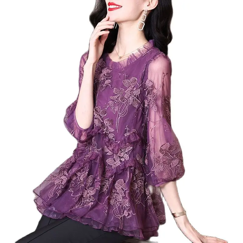 

Summer 2022 New Pullover Ladies Coat Design Feel Pretty Lace Splicing Hollow Out Female Small Shirt Gentle Women's Tops