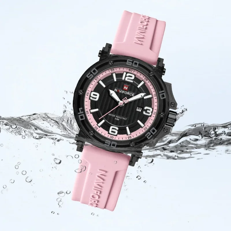 ساعة نسائية هدية NAVIFORCE ساعة كوارتز نسائية كاجوال موضة تقويم عرض مؤشر مضيء 5ATM حزام سيليكون مقاوم للماء