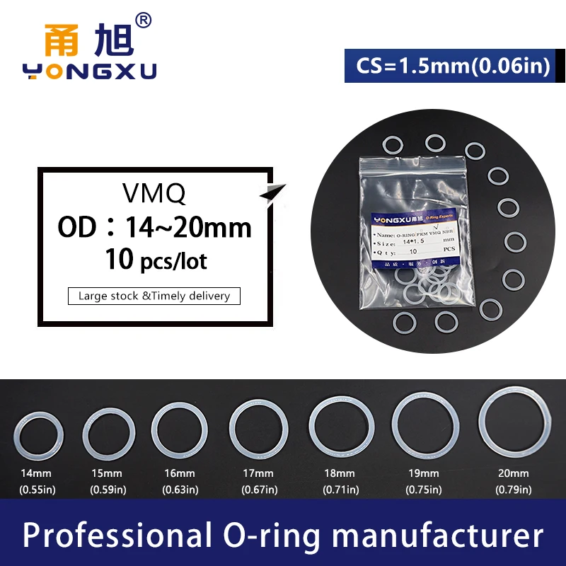 10PCS O Ring Seal Gasket Thickness CS1.5mm OD14/14.5/15/16/17/18/19/20*1.5mm Silicone Rubber Insulated Waterproof Washer Nontoxi