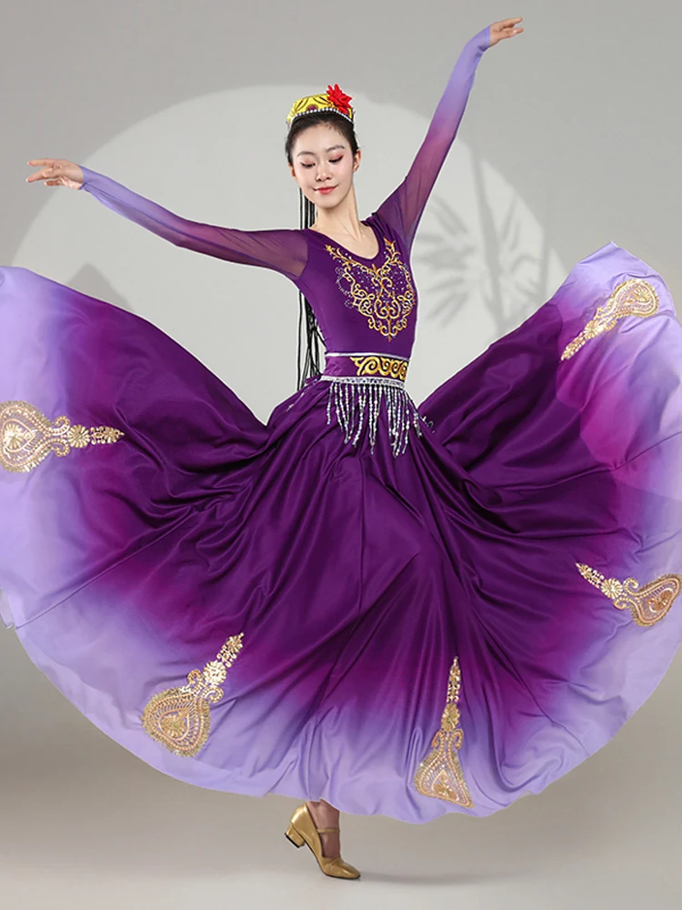 Costumes de spectacle de danse du Xinjiang pour femmes, robe folklorique ouïghoure de la minorité ethnique, jupe de scène de pratique nationale mongole et tibétaine