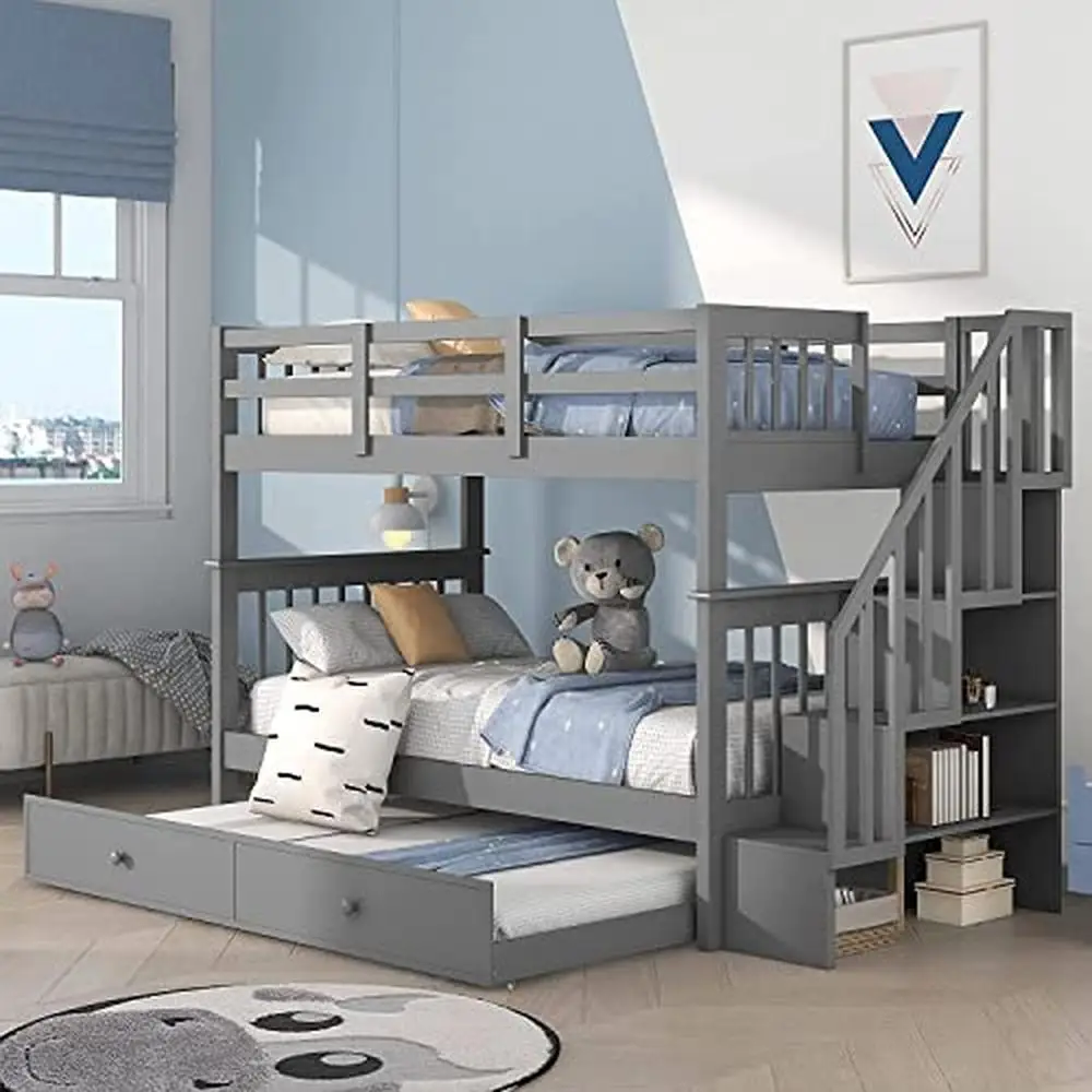 Twin Bunk Bed with Trundle Stairs Open Shelves Kids Teens Bedroom Grey Espresso Modern Sturdy Wood Kids Furniture Guest Room