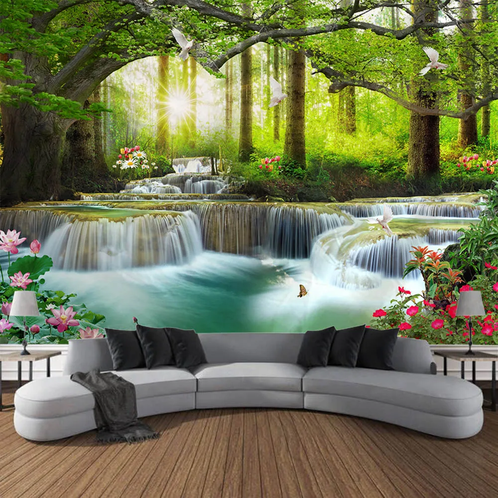 

Natural scenery tapestry, 3D forest waterfall landscape wall hanging, home fabric decoration, outdoor garden background poster