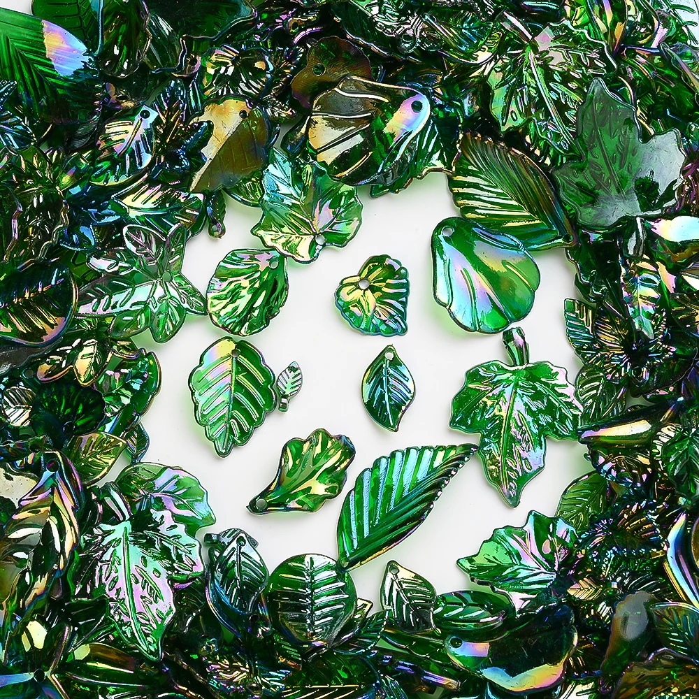 50g grüne Acryl-Blattperlen, durchscheinend, AB-Farbe, Naturpflanzenform, Abstandshalterperlen für DIY-Schmuckherstellung, Armbänder, Halsketten – Detail 1