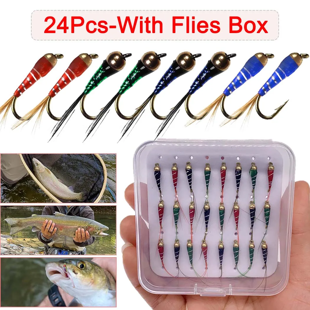 

24Pcs/Box #10 Multiple Color Epoxy Midge Buzzer Nymph Fly Trout Fishing Lure Bait Insect Red BlueGreen UV Hegene Flies