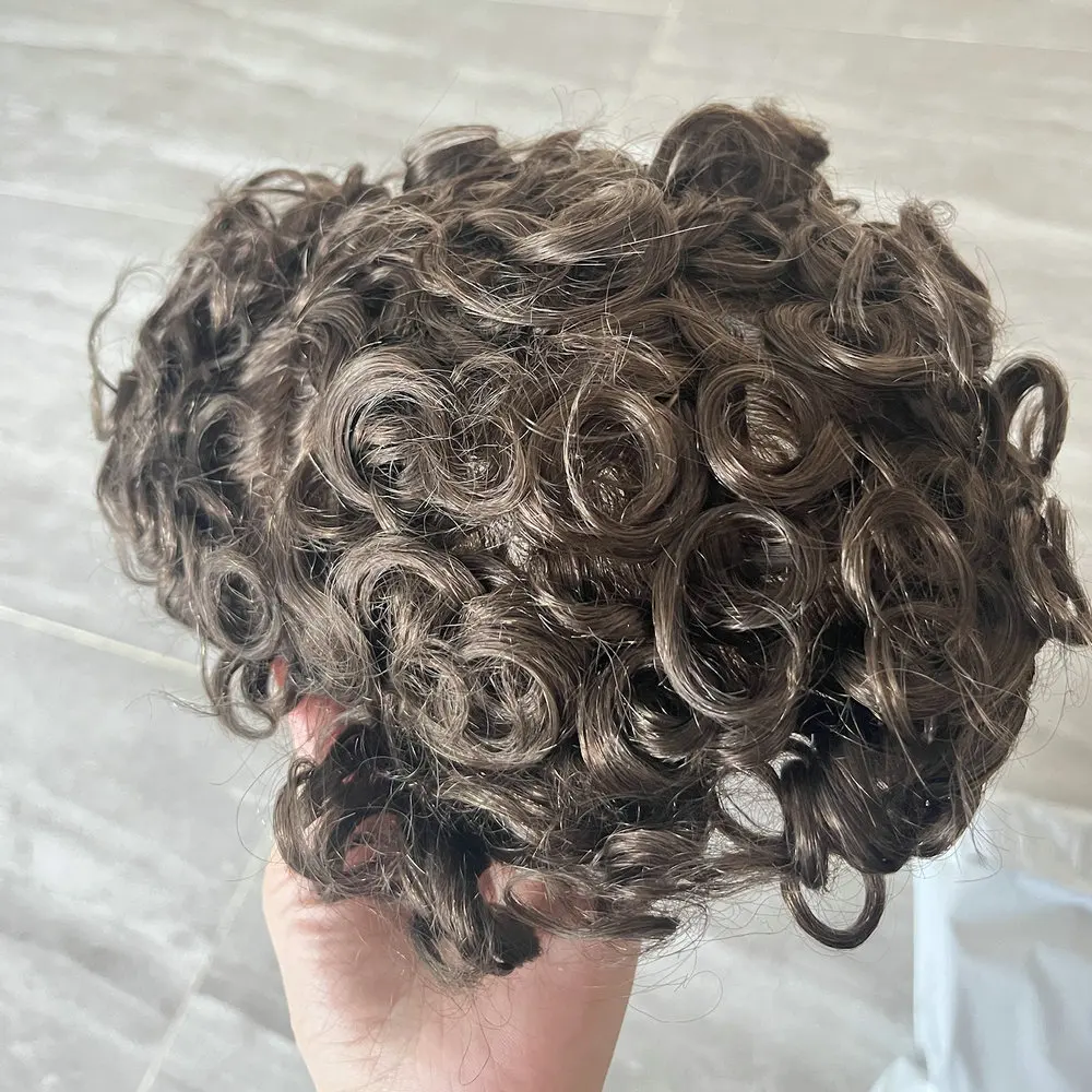 28mm Natural Curly Injected Full PU Men Toupee Male Capillary Prosthesis Grey Black Brown Remy Human Hair System Men's Hairpiece