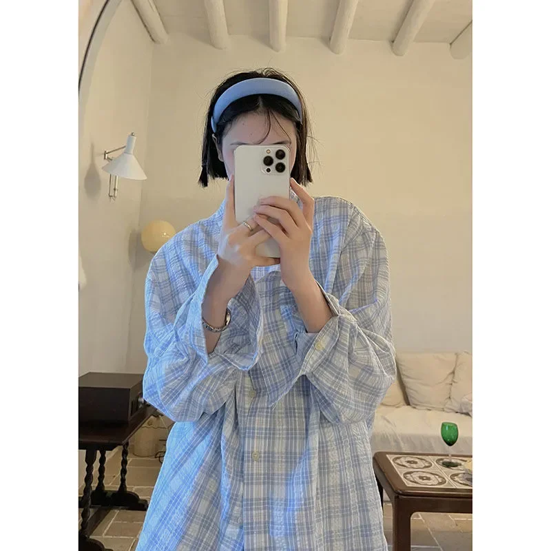 

Women Oversized Plaid Shirt Long Sleeve Textured Gingham Casual Loose Blouse