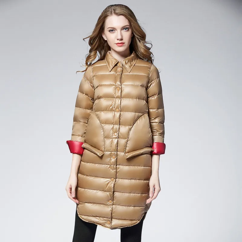 

2022 Women Single-breasted Down Coat Autumn Winter Ultra Light White Duck Down Jacket Parka Female Midi Long Puffer Outerwears