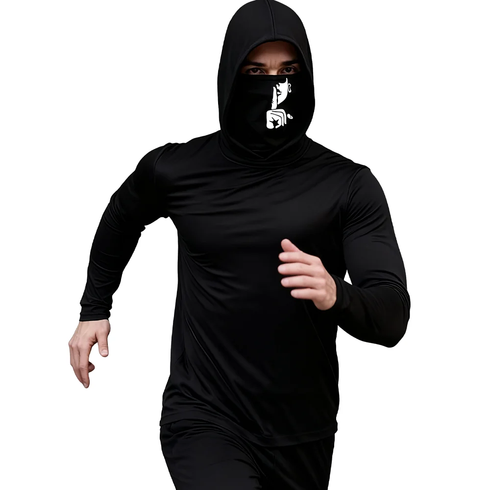 

Men's Running Training Gym Long Sleeve T-Shirt Ultra High Neck Face Mask Windproof Hooded Sweatshirt for Outdoor Sports
