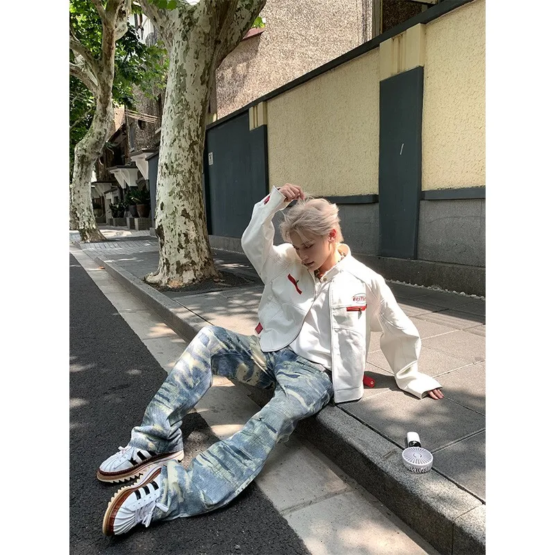 سترة جلدية للسباق من American High Street للرجال من Street Sle فضفاضة ومطرزة راقية ومطرزة للدراجات النارية للشباب #3