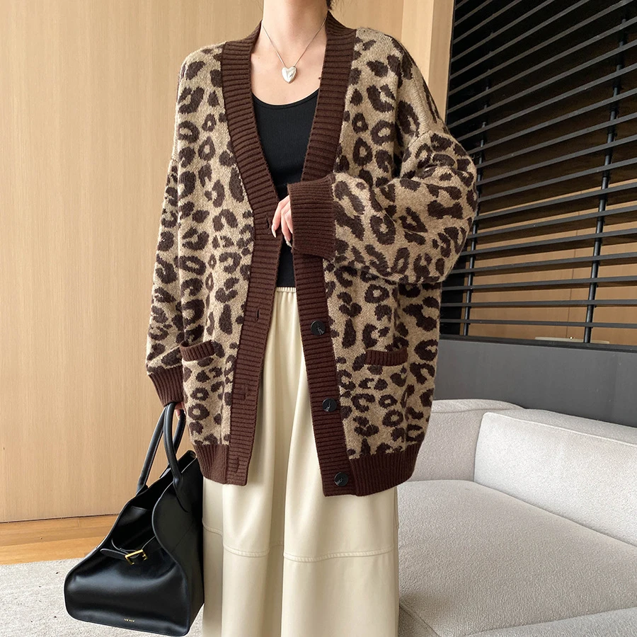 Women Autumn V-Neck Leopard Print Vintage Cardigans Coat Knitted Single Button Blue Sweater Women Winter Cape Clothes Tops