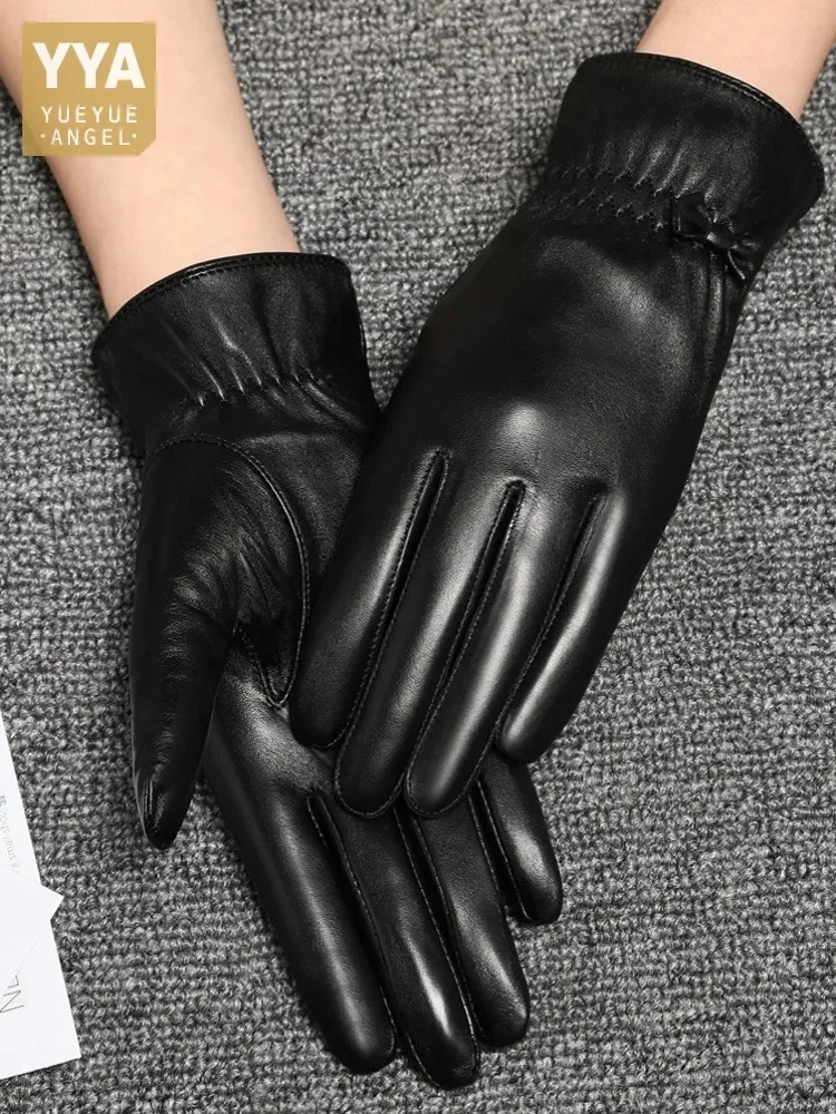 Women Bowknot Wrist Genuine Leather Gloves Winter Windproof Warm Fleece Lining Driving Top Layer Sheepskin