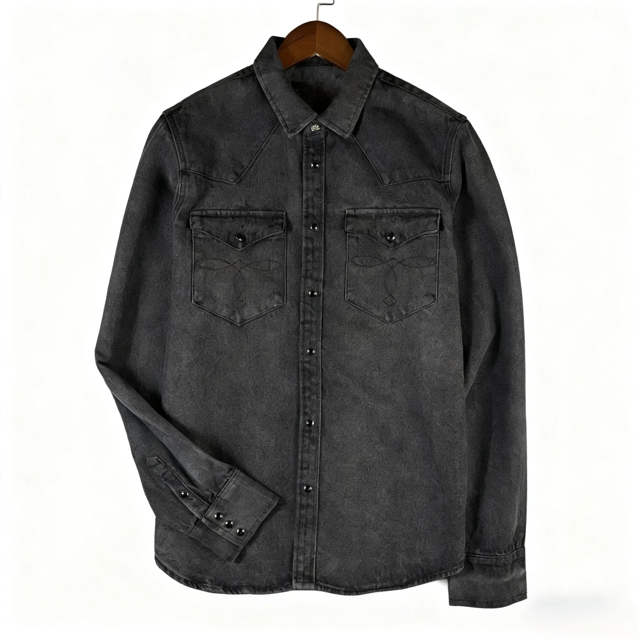 

Retro American Western Cowboy irt Men's Waed Thi Long Sve Denim irt Bla ey Vintage Sle Loose Fit Youth Faion