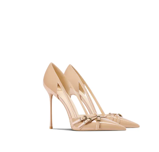 Sharp pointed thin heel summer new patent leather chain design sense nude high heels for women commuting and dating