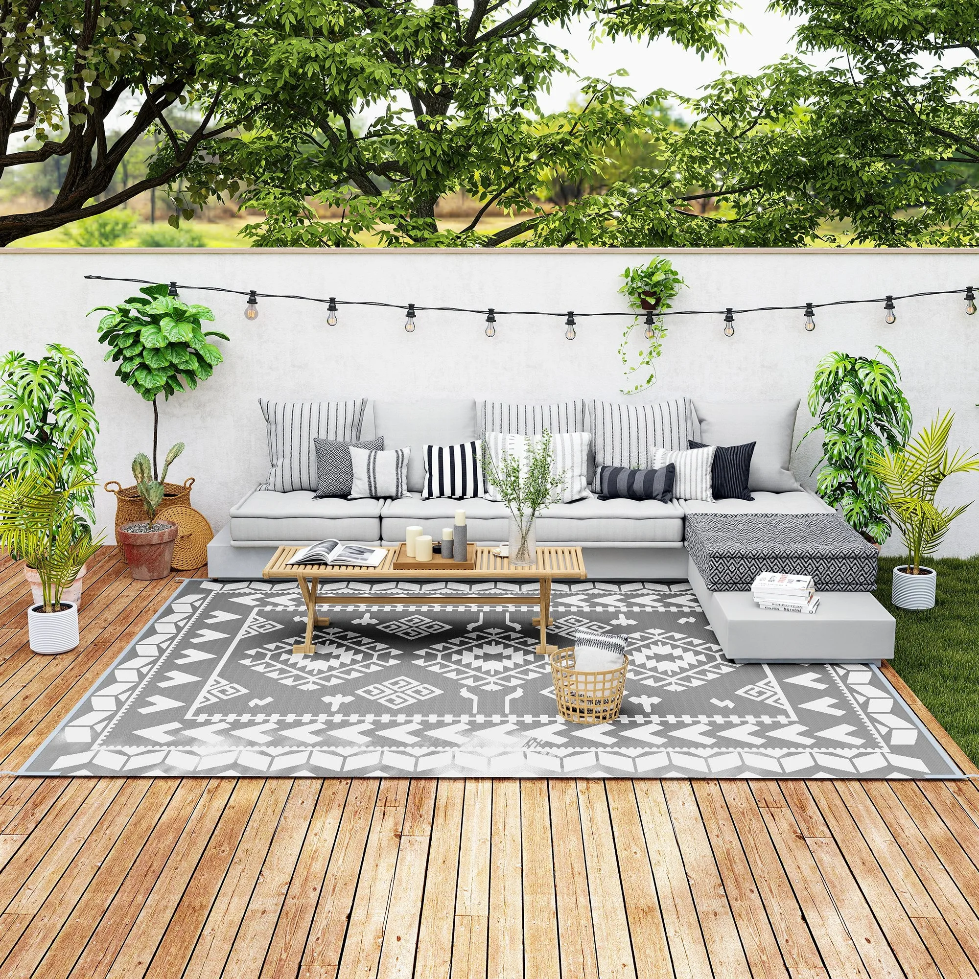 Reversible Outdoor Rug, Waterproof Plastic Straw with Carry Bag, 9' x 12', Gray & White Rhombus Patchwork