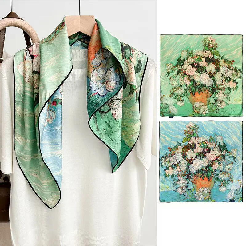 

New Spring Green Oil Painting High-Grade Printed Scarf Large Kerchief Women's Double-Sided 14 M