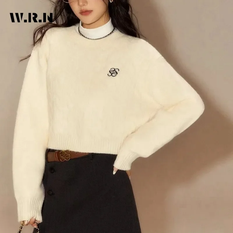 2025 inverno elegante dolce girocollo lavorato a maglia manica lunga blu pullover donna nozioni di base chic signore maglione slim fit top corto