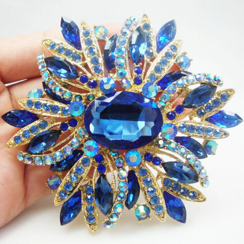 Fashion Luxury Design Vintage Style Blue Oval Flower Pendant Brooch Pin Rhinestone Crystal Gold Tone Multi-color Selection