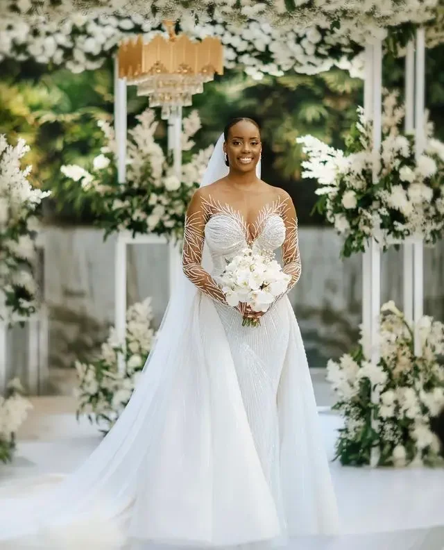 맞춤형 아랍어 화이트 인어 웨딩 드레스 페르시 스팽글 레이스 섹시한 멋진 신부 가운 드레스