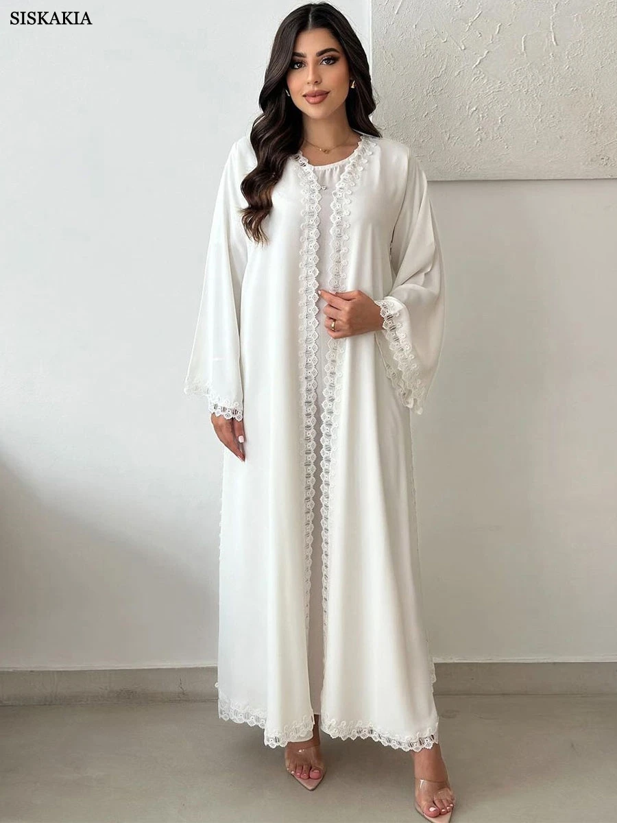 Siskakia Dubai Solid White Open Abaya For Muslim Woman Lace Tape Cardigan Elegant Casual Loose Moroccan Saudi Kaftan Fashion