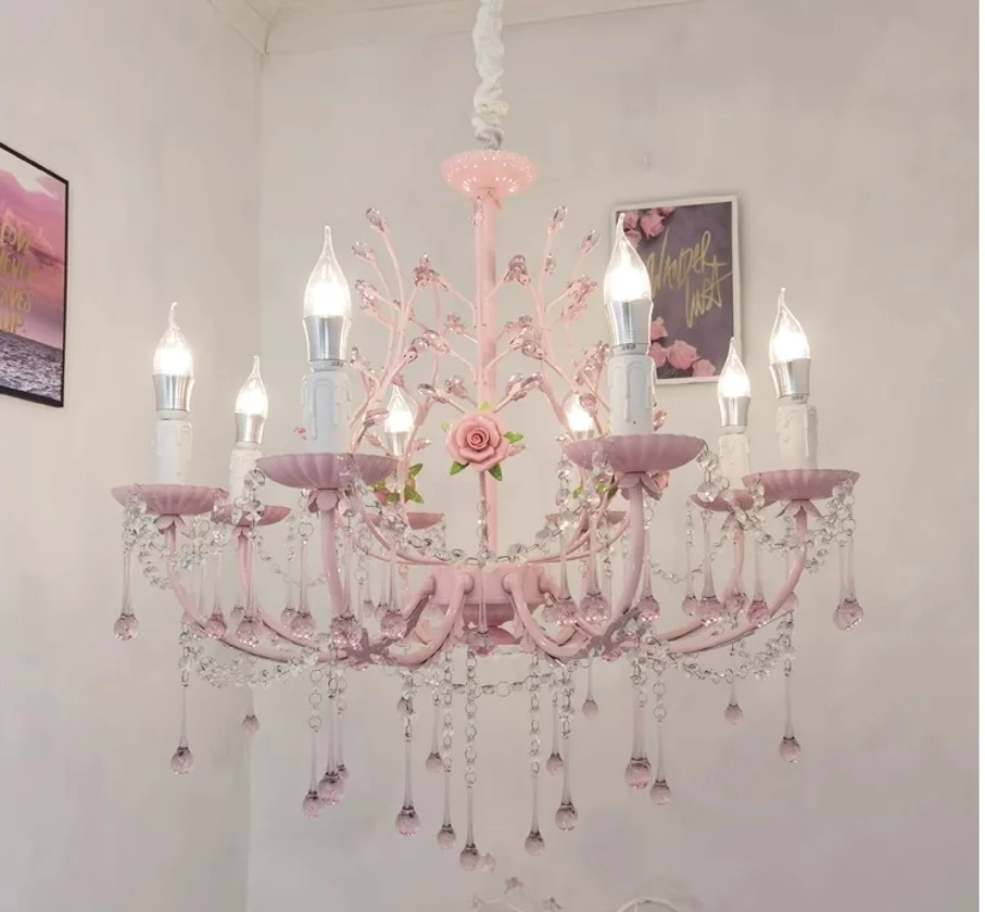 Art Floral Chandelier lamp Lustre Light D65cm H52cm Pink Decora Rose Pendant Chandelier Light Fixture E14 LED AC Home Decoration