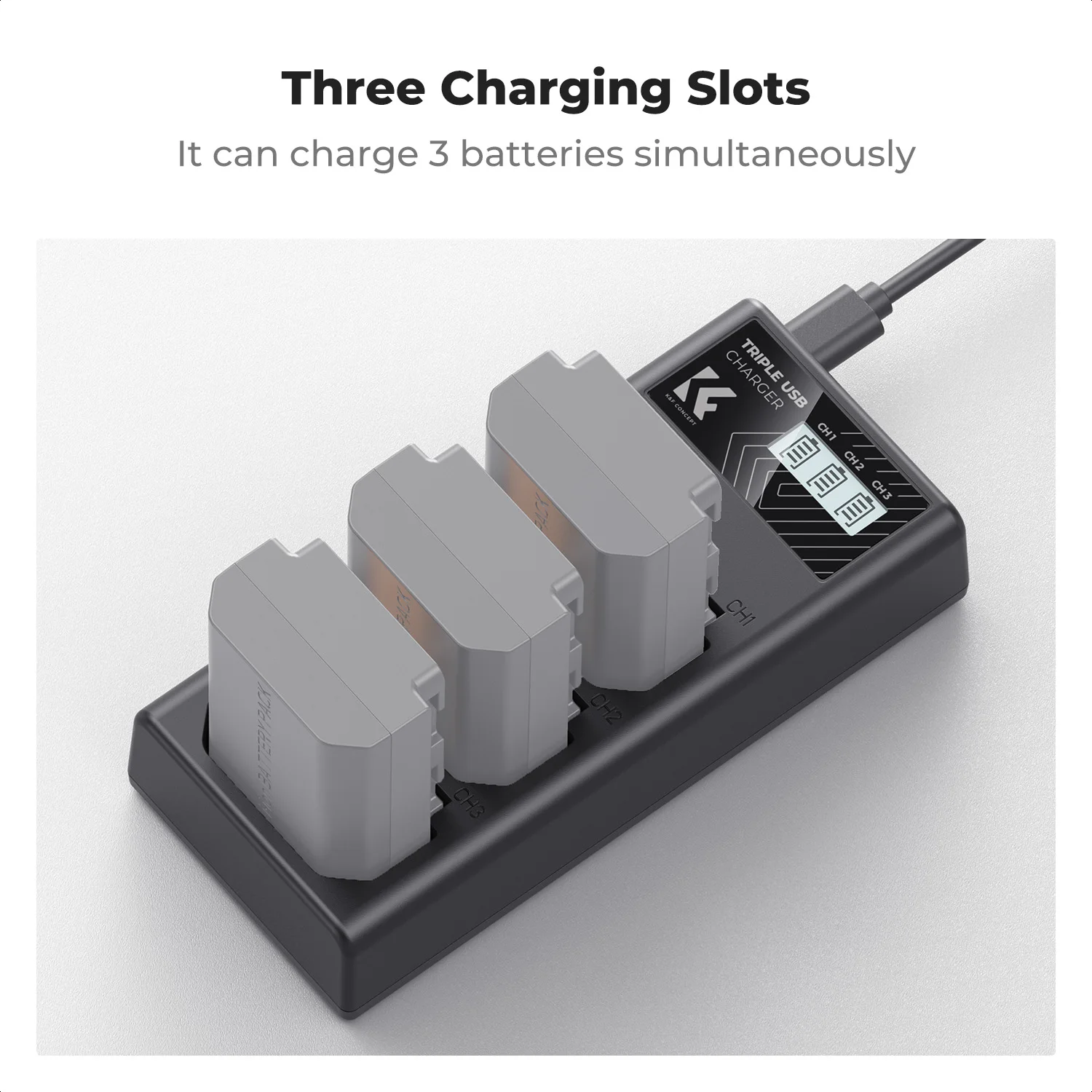 K&F Concept NP-FZ100 Charger 3-Slot A7iii with LCD Display Battery Charger for Sony A7iii A7iv A7Rv A6700 A6600 A9 A1 FX3 Camera