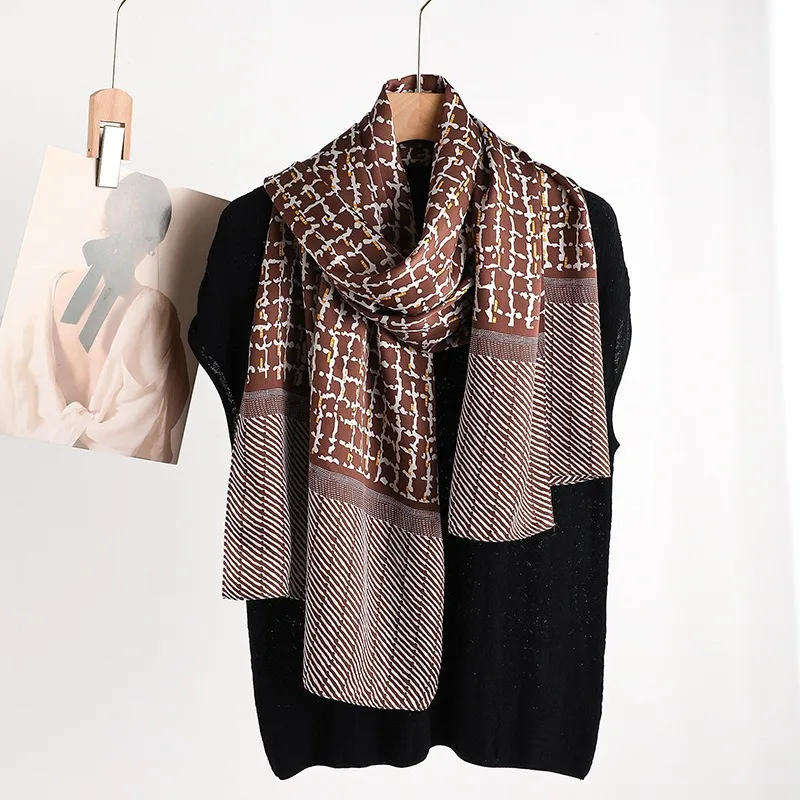 

100% Mulberry Silk Long Scarf for Women Oblong Shawls for Headscarf Neck- Oblong Hair Wraps Gift Packed Coffee Geometric Print