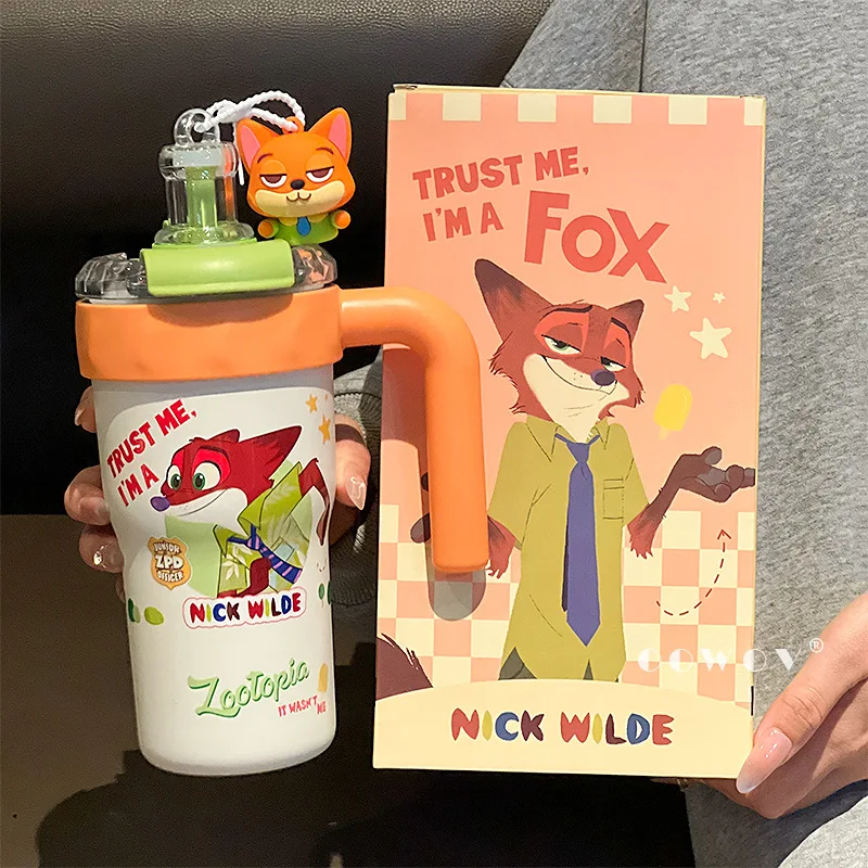 Official Disney Zootopia 800ml Dual-Use Insulated Mug, Nick & Judy Stainless Steel Travel Tumbler with Straw Leak-Proof Cup