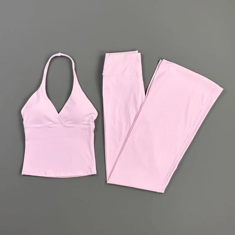 Damen 2-teiliges Gym-Set: Original Neckholder-Top, schmal geschnittene Yoga-Schlaghose, hochelastisch, weich, für Fitness, Workout, Pilates, Radfahren. – Detail 12
