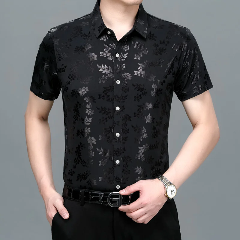 Ice Silk Short-sleeved Gold-hot Shirt Middle-aged Casual Printed Shirt Trendy Men's Clothing